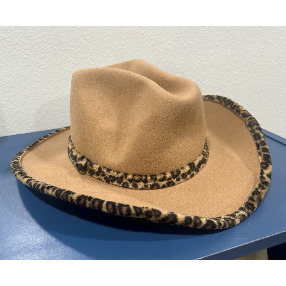 Nine West 100% Wool Tan Leopard Print Western Cowgirl Cowboy Hat Packable